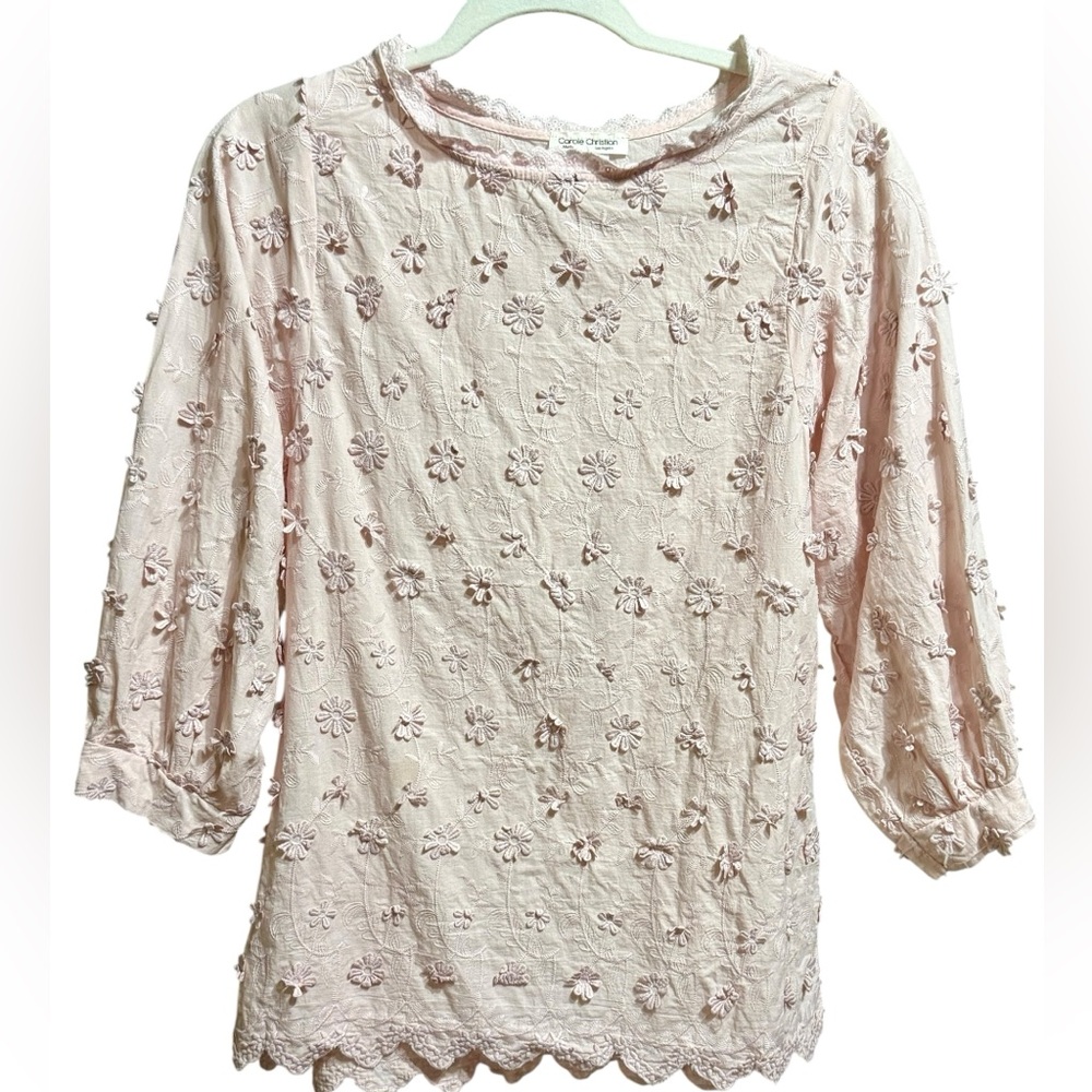 Romantic Pink Floral Appliqué‎ Blouse Cottagecore Vibes Whimsical Scalloped Sz S